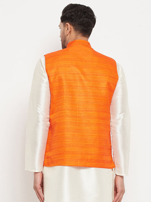 VASTRAMAY Men's Orange Silk Blend Nehru Jacket